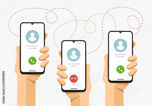 Smartphone mockup in human hand. Accept and decline the phone call. Call from address book. Vector flat colorful technology illustration