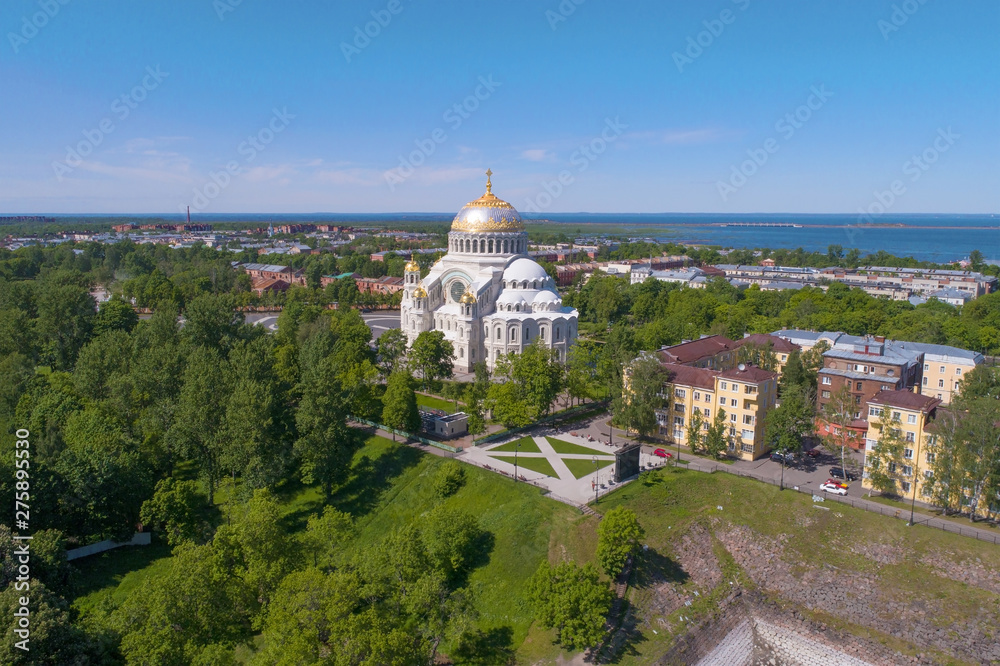 View of the St. Nicholas Naval Cathedral on a sunny June day (filming from a quadcopter). Kronstadt, Russia