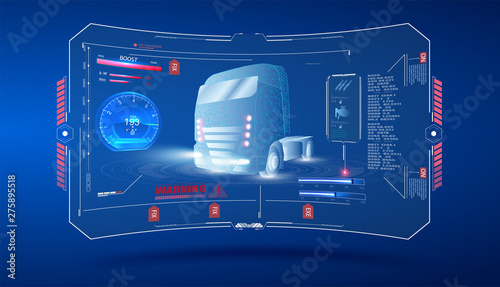 Autonomous smart truck. Unmanned vehicles. artificial intelligence controls the Autonomous truck. Hologram car style in HUD,UI,GUI. Hardware Diagnostics Condition of Car. Analysis and diagnostics auto