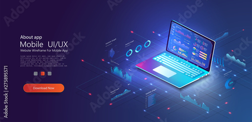 Application of laptop with business statistics and data Analytics. Digital money market, investment, finance and trading. Perfect for web design, banner and presentation. Isometric vector illustration