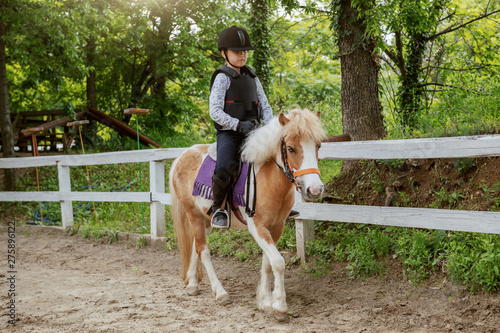 Caucasian girl with helmet and protective vest on riding cute white and brown pony horse. Sunny day on ranch concept.