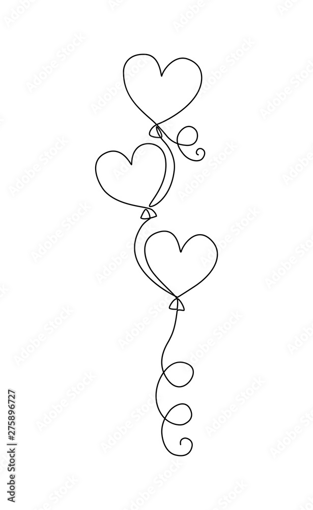 One line drawing balloons sketch isolated on white background. Ballons in the form of hearts. One line drawing balloons sketch isolated on white background. Ballons in the form of hearts.