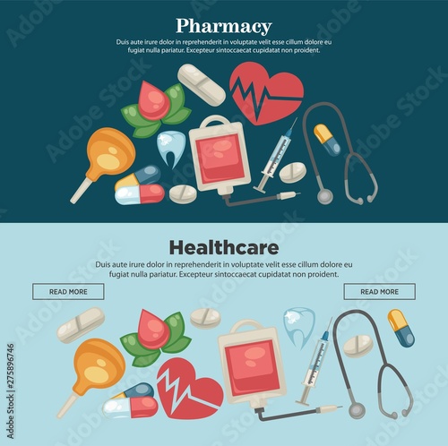 Pharmacy and healthcare web pages templates pills and blood donation