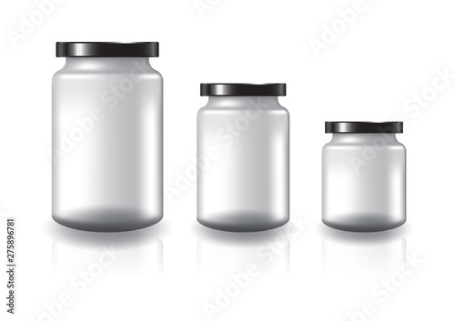 3 sizes of blank clear round jar with black flat lid for supplements or food product. Isolated on white background with reflection shadow. Ready to use for package design. Vector illustration.