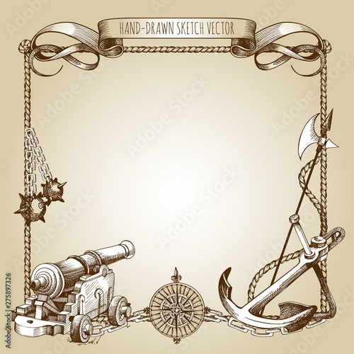 Adventure stories. Pirate background. Vintage border frame. Cannon, ghost ship, shipwreck, sea battle