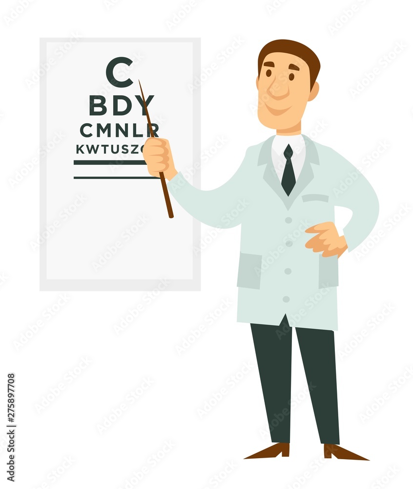 Ophthalmologist doctor and signboard with letters isolated male character Ophthalmologist doctor and signboard with letters isolated male character