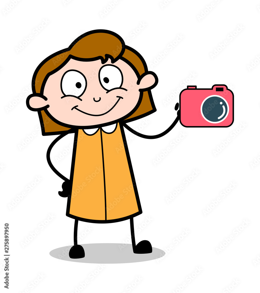 Presenting a Camera - Retro Office Girl Employee Cartoon Vector Illustration Presenting a Camera - Retro Office Girl Employee Cartoon Vector Illustration