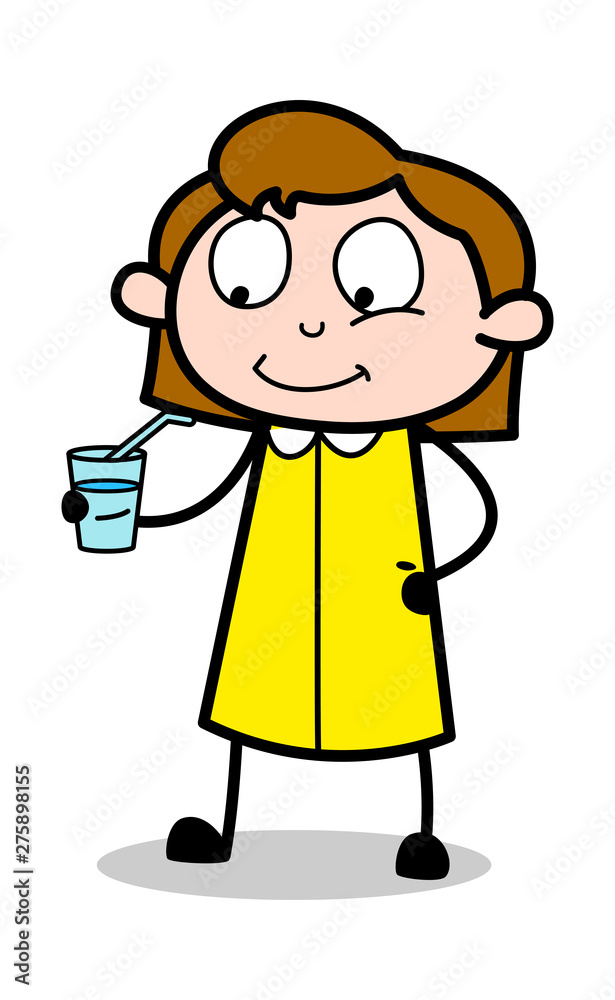 Holding a Glass of Energy Drink - Retro Office Girl Employee Cartoon Vector Illustration