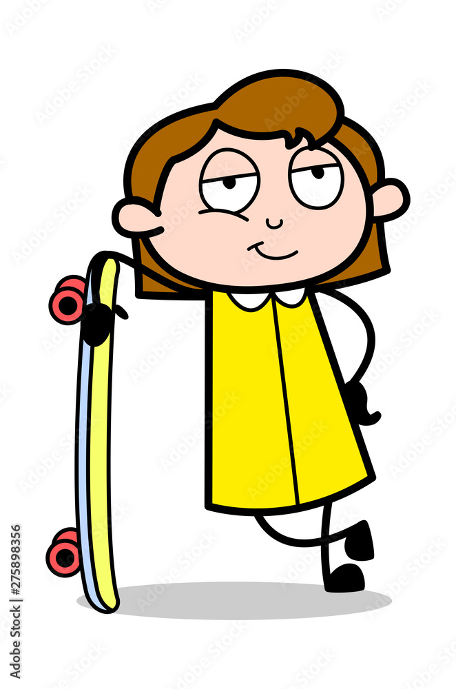 Standing in Attitude with Skateboard - Retro Office Girl Employee Cartoon  Vector Illustration Stock Vector | Adobe Stock