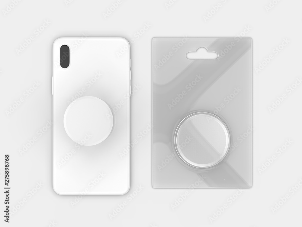 Blank smart phone pop socket stand and holder for branding. 3d rendering illustration. Blank smart phone pop socket stand and holder for branding. 3d rendering illustration.