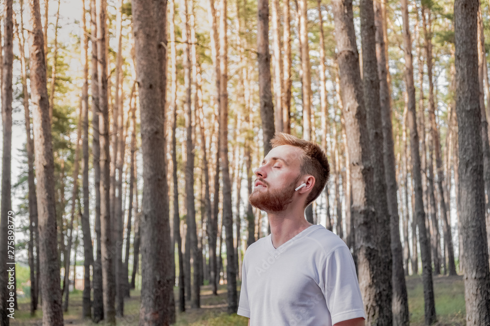 Young man with closed eyes enjoying the nature during a walk or jogging in the forest. Portrait of a male person with wireless earphones standing in a pine forest on a sunny day Young man with closed eyes enjoying the nature during a walk or jogging in the forest. Portrait of a male person with wireless earphones standing in a pine forest on a sunny day