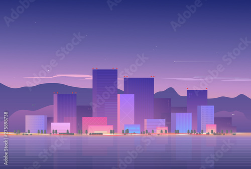 Vector illustration with skyscrapers in the city. City skyline at sunset.