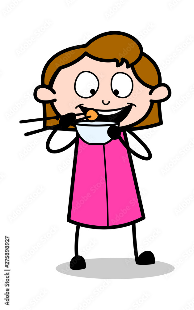 Eating with Chopsticks - Retro Office Girl Employee Cartoon Vector Illustration Eating with Chopsticks - Retro Office Girl Employee Cartoon Vector Illustration