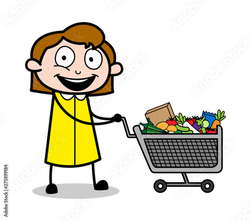 Shopping Cart - Retro Office Girl Employee Cartoon Vector Illustration