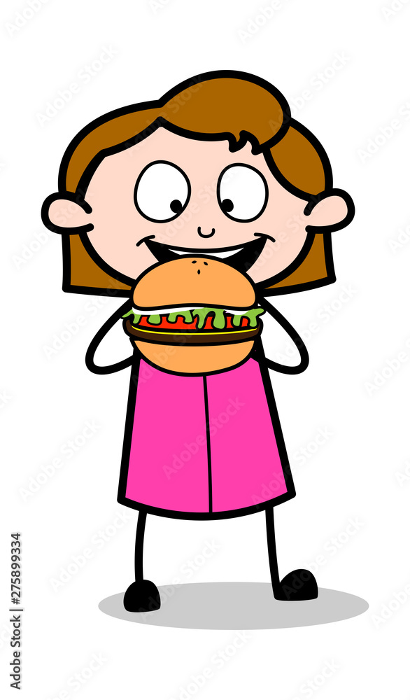 Eating Unhealthy Burger - Retro Office Girl Employee Cartoon Vector Illustration