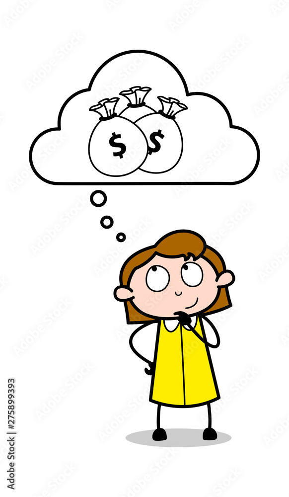Fototapeta premium Thinking About Money - Retro Office Girl Employee Cartoon Vector Illustration