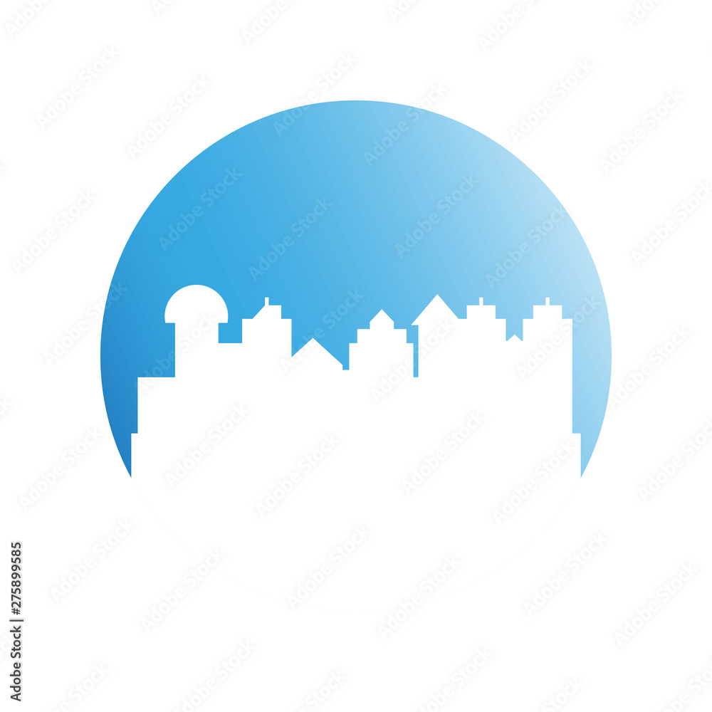 building, city skyline in blue circle 