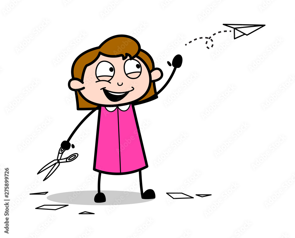 Playing with Paper Plane - Retro Office Girl Employee Cartoon Vector Illustration Playing with Paper Plane - Retro Office Girl Employee Cartoon Vector Illustration