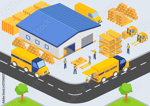 Isometric warehouse company. Loading and unloading process from warehouse. Storage building, trucks, people workers, transportation industry, delivery and logistic vector illustration.