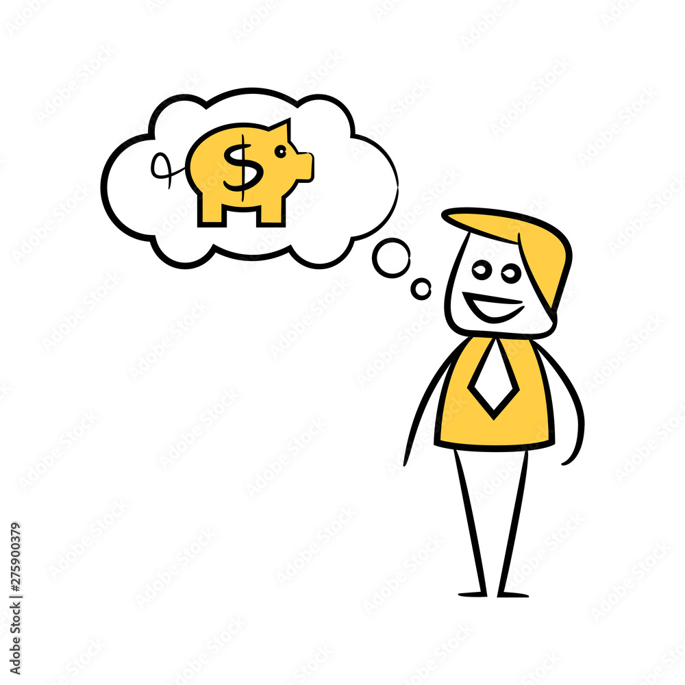 businessman thinking of money piggy bank yellow doodle design