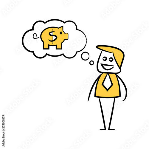 businessman thinking of money piggy bank yellow doodle design