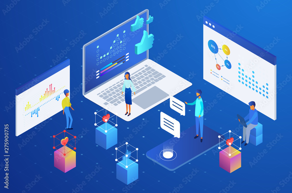 Isometric people analyzing and using data from social media and networks vector illustration.