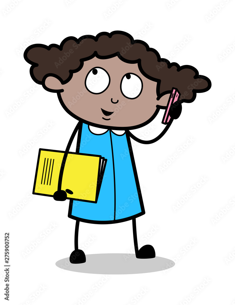 Talking on Phone and Holding a Book in Hand - Retro Black Office Girl Cartoon Vector Illustration