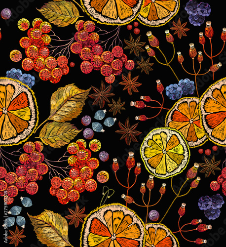 Embroidery lemon, mountain ash berries, cinnamon and carnation seamless pattern. Template of clothes, tapestry, t-shirt design. Fashion autumn tea art