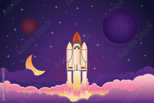 Modern space rocket flying up over clouds against night sky with planets and stars cartoon vectro illustration.