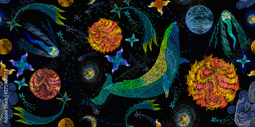 Embroidery, blue whales float in universe among stars. Symbol of imagination, dream, astrology. Modern fashion template for clothes, tapestry, t-shirt design. Space illustration