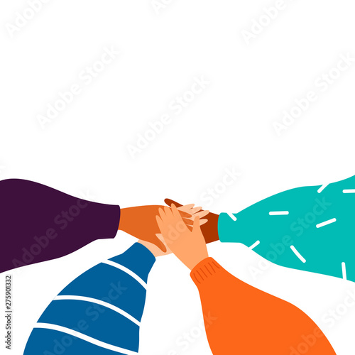 Cartoon Four human hands support each other. Concept of teamwork with copy space. Diverse female hands united for social freedom and peace, women power. Vector