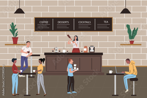 Cafe or restaurant interior with relaxing people. Barista girl makes and serves coffee vector cartoon flat illustration.