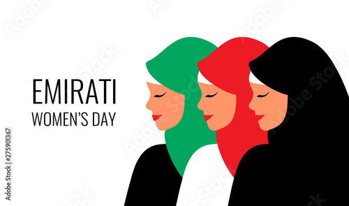 Emirati Women's day greeting card with Young arab woman wearing colorful hijab. Vector illustration in flat style