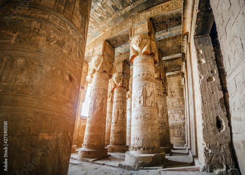 Hypostyle hall with columns in the temple of Hathor at Dendera, Egypt photo