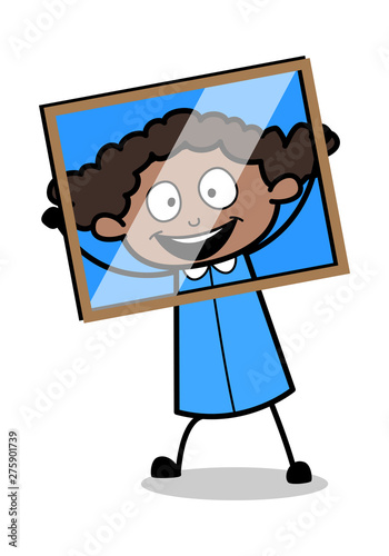 Holding a Glass Frame in Front of Face - Retro Black Office Girl Cartoon Vector Illustration