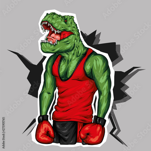 Dinosaur in sportswear and boxing gloves. Pumped up guy. Sportsman. Vector illustration for greeting card or poster. An athlete with a dinosaur head. Athletic man.