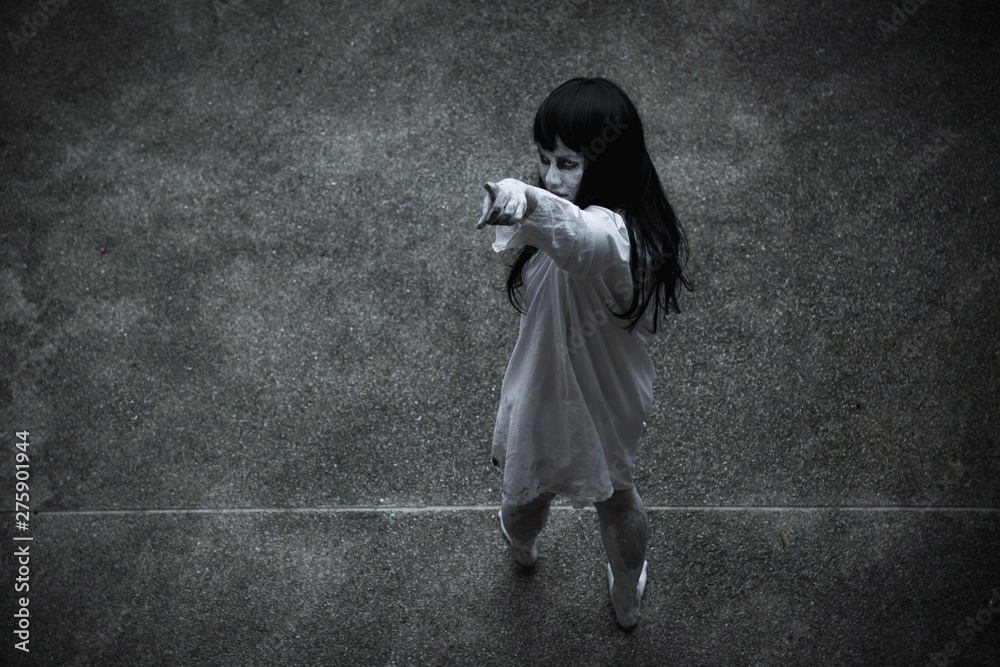 Woman ghost horror under building house point finger to your face, Woman ghost horror under building house point finger to your face,