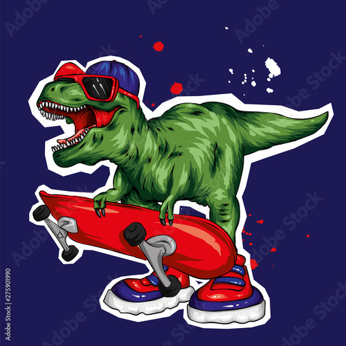 Dinosaur. Bright vector illustration. Cartoon reptile. Tyrannosaur. Print on clothes, drawing for postcards. Hipster. Skater. Sport. Skateboard, extreme.