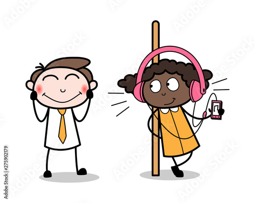 Girl Listening Music in Front of Shy Guy - Retro Black Office Girl Cartoon Vector Illustration