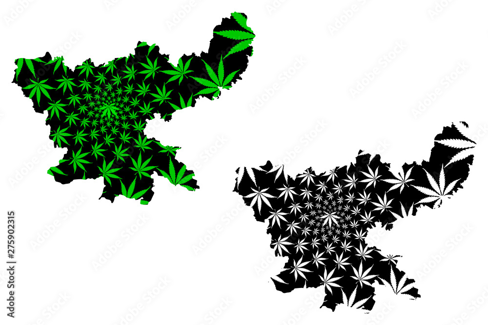 Naklejka premium Jharkhand (States and union territories of India, Federated states, Republic of India) map is designed cannabis leaf green and black, Jharkhand state map made of marijuana (marihuana,THC) foliage....