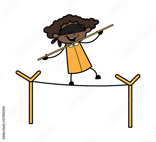 Walking on Rope with Blindfold on Eyes - Retro Black Office Girl Cartoon Vector Illustration