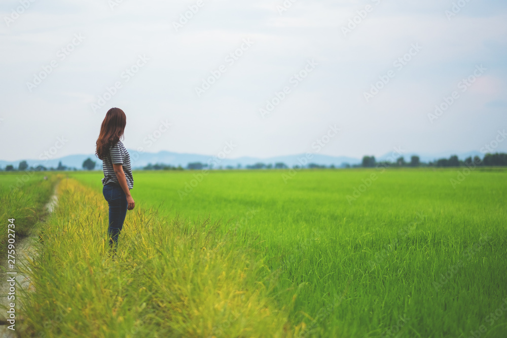 A woman standing and looking at a beautiful rice field with feeling relaxed and calm A woman standing and looking at a beautiful rice field with feeling relaxed and calm