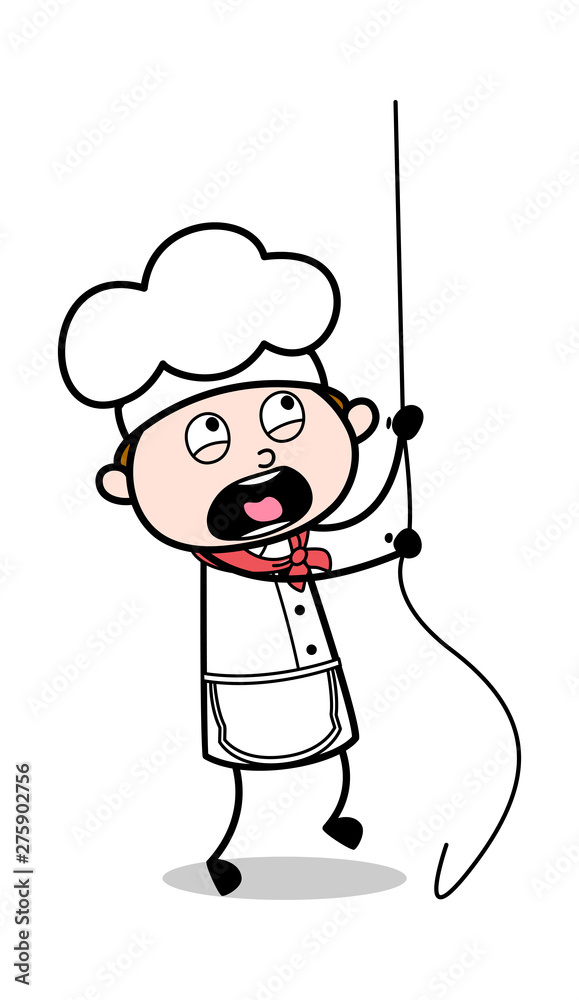 Hanging on a Rope and Screaming - Cartoon Waiter Male Chef Vector Illustration