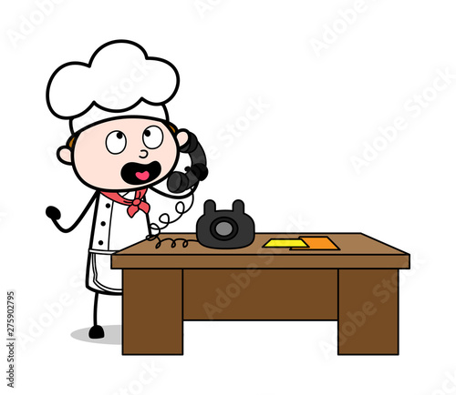 Talking on Telephone - Cartoon Waiter Male Chef Vector Illustration