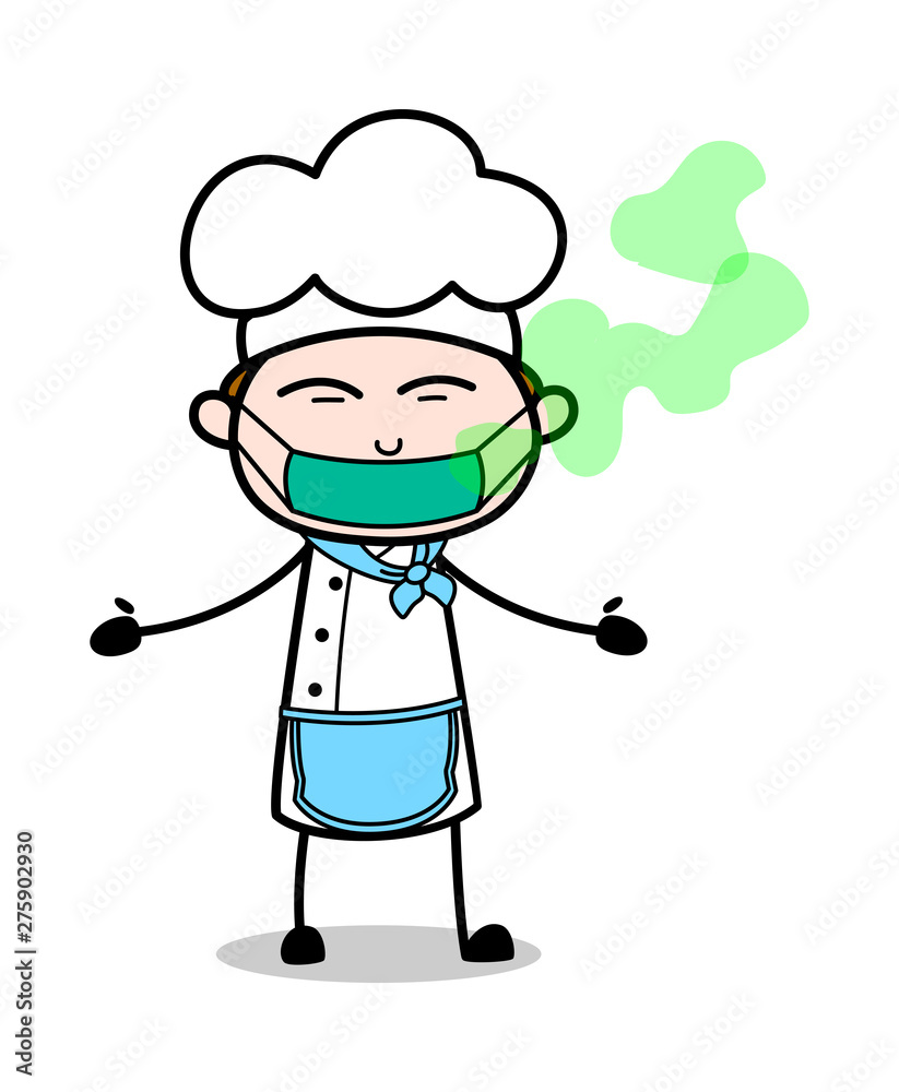 Medical Mask on Face - Cartoon Waiter Male Chef Vector Illustration Medical Mask on Face - Cartoon Waiter Male Chef Vector Illustration