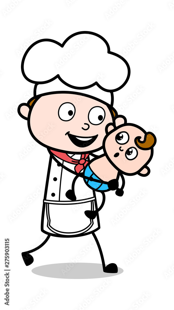 Running with Baby - Cartoon Waiter Male Chef Vector Illustration Running with Baby - Cartoon Waiter Male Chef Vector Illustration