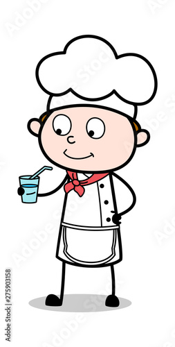 Drinking Water - Cartoon Waiter Male Chef Vector Illustration