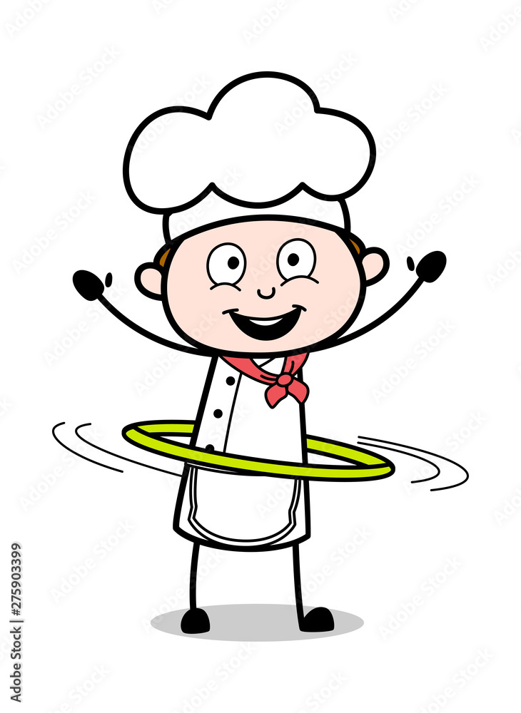 Obraz premium Playing with Hula Hoop - Cartoon Waiter Male Chef Vector Illustration