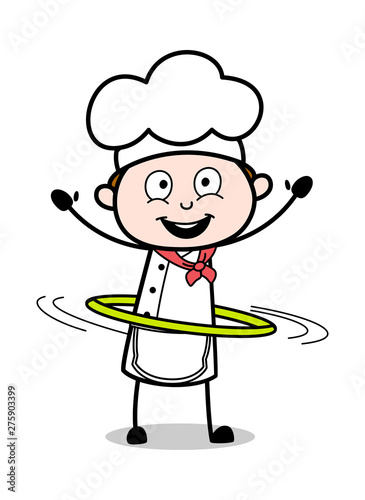 Playing with Hula Hoop - Cartoon Waiter Male Chef Vector Illustration