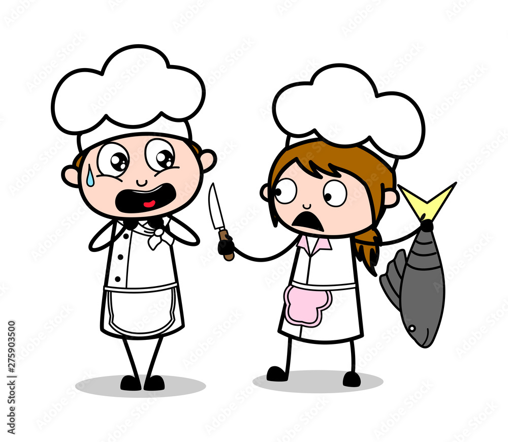 Female Chef Showing Knife and Male Chef Scaring - Cartoon Waiter Male Chef Vector Illustration Female Chef Showing Knife and Male Chef Scaring - Cartoon Waiter Male Chef Vector Illustration